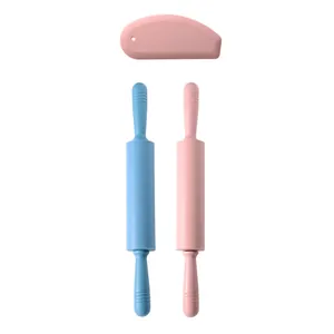 Professional silicone pastel blue and pink rolling pins set with a measurement scraper
