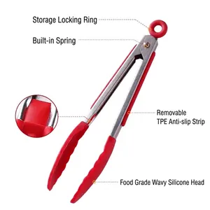 Professional stainless steel kitchen tongs with red silicone tips and locking ring