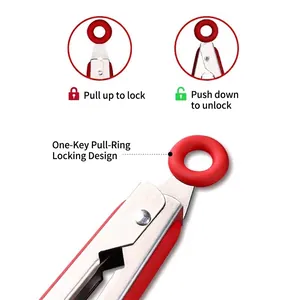 Durable stainless steel food tongs with red silicone grip and pull-ring locking mechanism