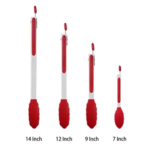 Set of 4 heat resistant stainless steel food tongs with red silicone tips, multi-size.