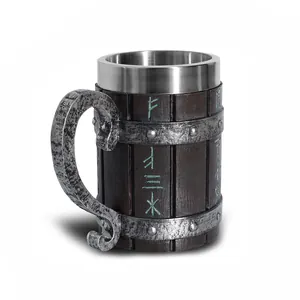 Close-up detail of a vintage Viking barrel beer mug with high-quality stainless steel lining