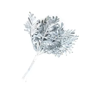 Detail view of shimmering silver artificial fern leaves for DIY floral arrangements