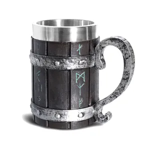 Vintage Viking Pirate Beer Mug Stainless Steel Liner Resin Wooden Barrel Shape Nordic Rune Mug For Bar Party Home Decor