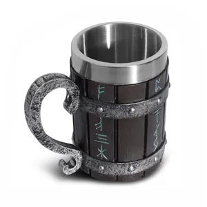 Medieval Viking wooden barrel beer mug with stainless steel liner and runic engravings