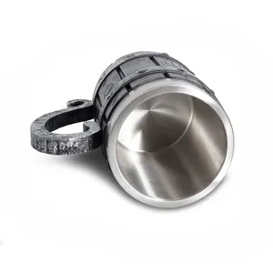 Detailed top view of a German style barrel beer mug with stainless steel interior