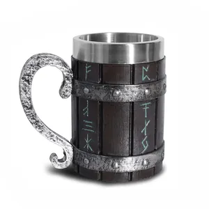Detailed view of a medieval wooden barrel beer mug with stainless steel interior and runes