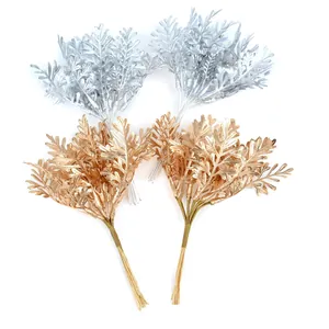 Artificial Fern Leaves Metallic Silk Leaf DIY Bouquet Accessories Gold Silver Branch For Wedding Party Home Decoration