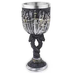 Vintage medieval gothic knight goblet featuring embossed sword patterns and resin stem