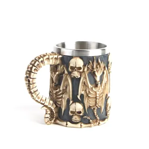 Gothic 3D Dragon Skull Relief Resin Stainless Steel Mug Retro Medieval Tankard Coffee Cup Halloween Party Beer Stein Decor