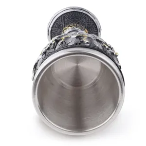Top view of a medieval knight chalice featuring stainless steel lining and resin relief