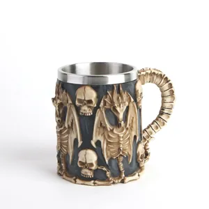 Detailed view of a gothic skull and skeleton resin mug with stainless steel liner