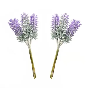 Detail view of two lifelike artificial purple lavender bundles for home decoration