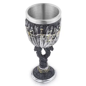 Medieval Knight Stainless Steel Goblet Retro Sword Shield Relief Resin Wine Cup Gothic Dragon Design Party Decor Gift