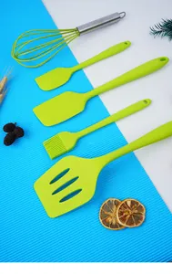 Complete 5-piece green silicone kitchen baking utensil set for versatile cooking tasks