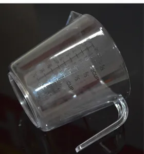Close-up detail showing the printed measurement scales on a clear plastic measuring cup