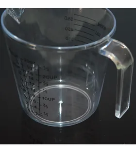 Close-up detail of 600ml transparent plastic measuring cup with dual scales and handle.