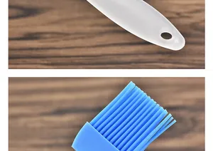 Close-up view of heat-resistant blue silicone basting brush bristles and handle for BBQ