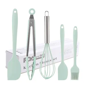 Professional 5-piece mint green silicone kitchen utensil set for baking and cooking