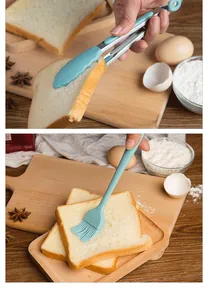 Vista dettagliata di una pinza alimentare e un pennello da pasticceria in silicone
