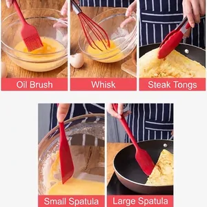 Red 5-piece silicone kitchen utensil set showing whisk, spatulas, brush, and tongs.