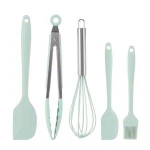 Complete 5-piece mint green silicone spatula and baking tool set for non-stick cookware