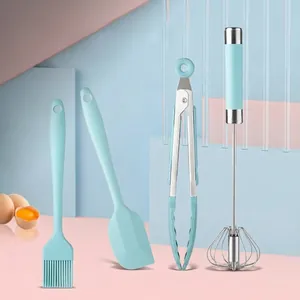 Silicone Baking Tool Set with Semi-Automatic Whisk Food Tongs Spatula and Brush Stainless Steel Handle Kitchen Cooking Utensils