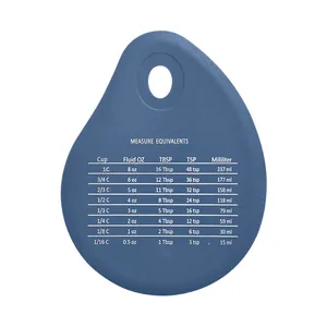 Raspador de masa de silicona azul con tabla de conversión de medidas