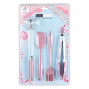 4-piece pink silicone baking tool set with whisk spatula brush and tongs in blister packaging
