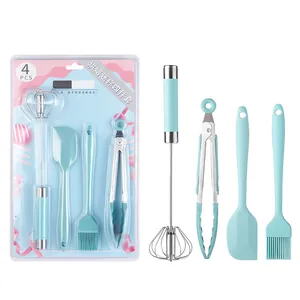 Mint green 4-piece silicone baking tool set including egg whisk, spatula and food tongs