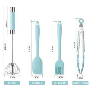Professional 4-piece light blue silicone baking tool set with whisk spatula brush and tongs