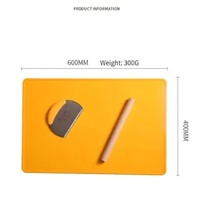 Large yellow food-grade silicone kneading mat 600x400mm with rolling pin and scraper