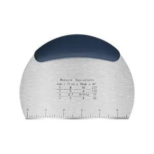 Stainless steel dough scraper with measurements and blue handle on white background