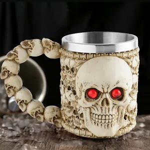 Gothic Skull Head Mug Stainless Steel Liner Carved Coffee Cup Halloween Party Decoration Drinking Mug Barware Cup