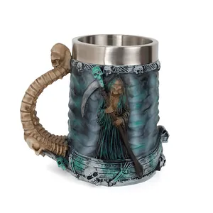 Gothic Grim Reaper Beer Mug With Stainless Steel Liner 3D Skull Relief Resin Tankard Spinal Handle Halloween Party Decor