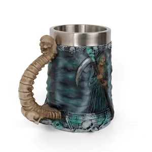 Detail of a large gothic resin beer mug with a 3D Grim Reaper and scythe carving.
