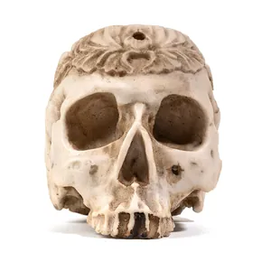 Vista dettagliata di un modello di teschio umano in resina intagliata per decoro Halloween