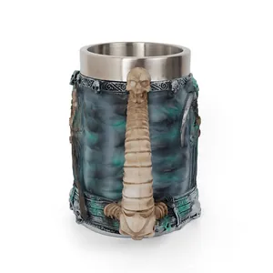 Gothic skull and spine resin beer mug with a stainless steel liner for collection