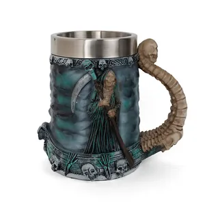 Detail view of a gothic Reaper beer mug with spine-shaped handle and resin skulls.