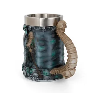 Close-up of gothic grim reaper beer mug with stainless steel liner and skull spine handle.