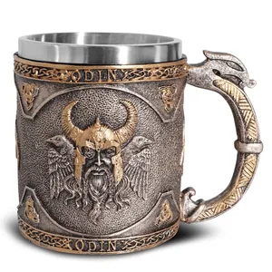 Viking Beer Mug Odin Norse Mythology Steinn Stainless Steel Liner Resin 3D Relief Tankard Vintage Halloween Coffee Mug