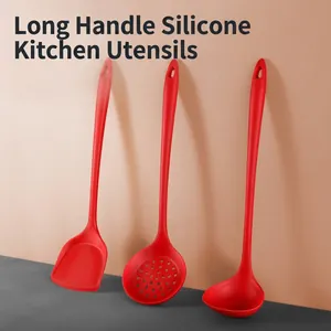 Red heat-resistant silicone kitchen utensil set with long handles for non-stick cookware