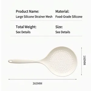 Large creamy white food-grade silicone colander with long handle and dimensions chart