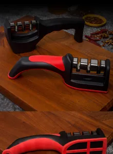 Detailed view of three-stage manual knife sharpener on wooden cutting board