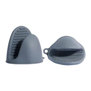 Pair of thick grey silicone oven mitts for heat resistant kitchen use