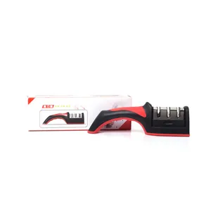 Manual 3-stage kitchen knife sharpener tool in red and black with retail packaging box