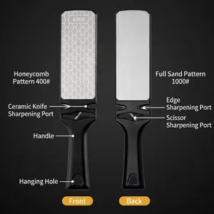 Double-sided diamond knife sharpener with 400 and 1000 grit surfaces for honing