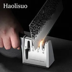 Manual Knife Sharpener Four Stages Fast Sharpening Tool for Kitchen Knives and Scissors Ergonomic Handle Stainless Steel Base