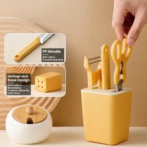Juego de 4 Herramientas de Cocina de Acero Inoxidable Con Base Cuchillo para Fruta Tijeras Pelador Juego Amarillo Moderno