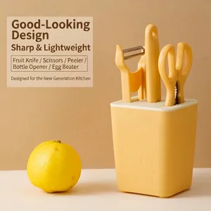 Moderno juego de 5 utensilios de cocina amarillos con cuchillo y tijeras con contenedor