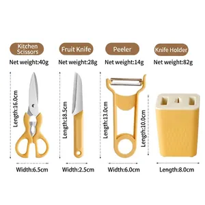 Juego de 4 utensilios de cocina amarillos con tijeras, cuchillo, pelador y soporte